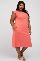 Coral Ruffle Sleeve Plus T-Shirt Midi Dress