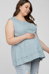 Light Blue Sleeveless Layered Hem Maternity Plus Top