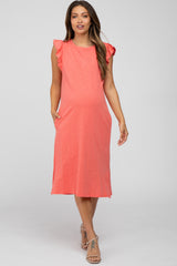 Coral Ruffle Sleeve Maternity T-Shirt Midi Dress