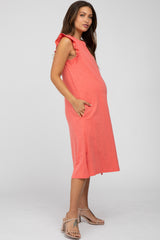 Coral Ruffle Sleeve Maternity T-Shirt Midi Dress