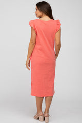 Coral Ruffle Sleeve Maternity T-Shirt Midi Dress