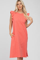 Coral Ruffle Sleeve T-Shirt Midi Dress