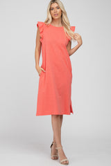 Coral Ruffle Sleeve Maternity T-Shirt Midi Dress