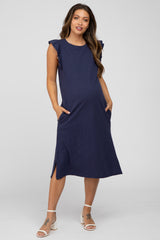 Navy Ruffle Sleeve Maternity T-Shirt Midi Dress