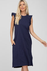 Navy Ruffle Sleeve T-Shirt Midi Dress