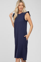 Navy Ruffle Sleeve T-Shirt Midi Dress