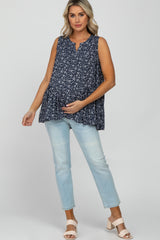 Navy Blue Floral Split V-Neck Ruffle Hem Hi-Low Maternity Top