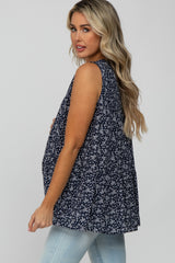 Navy Blue Floral Split V-Neck Ruffle Hem Hi-Low Maternity Top