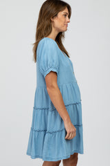 Blue Chambray Button Front Tiered Dress