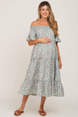 Sage Floral Off Shoulder Tiered Maternity Midi Dress