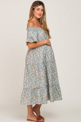 Sage Floral Off Shoulder Tiered Maternity Midi Dress