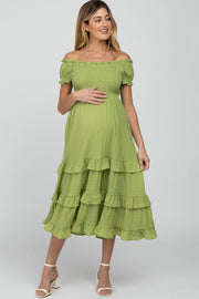 Green Smocked Ruffle Maternity Midi Dress