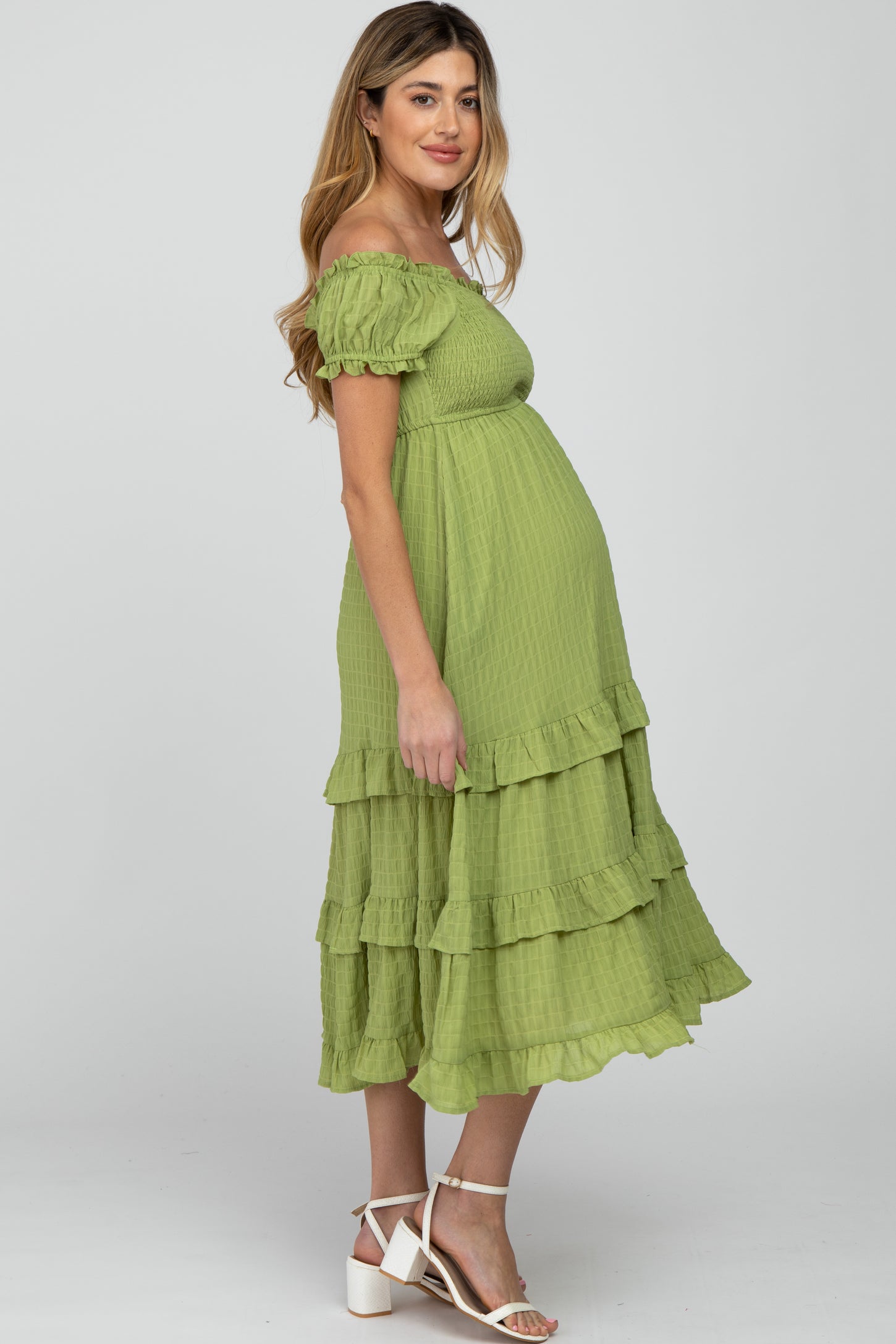 Green Smocked Ruffle Maternity Midi Dress– PinkBlush