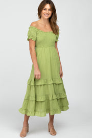 Green Smocked Ruffle Midi Dress