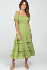 Green Smocked Ruffle Maternity Midi Dress