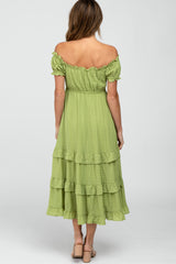 Green Smocked Ruffle Midi Dress