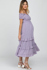 Lavender Smocked Ruffle Maternity Midi Dress