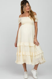 Ivory Smocked Ruffle Maternity Midi Dress