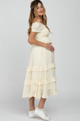 Ivory Smocked Ruffle Maternity Midi Dress