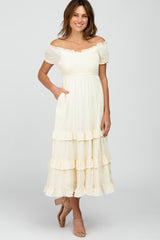 Ivory Smocked Ruffle Maternity Midi Dress