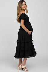 Black Smocked Ruffle Maternity Midi Dress