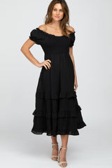 Black Smocked Ruffle Midi Dress