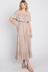 Taupe Off Shoulder Tired Maxi Dress