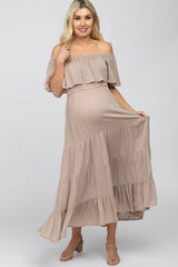 Taupe Off Shoulder Tiered Maternity Maxi Dress