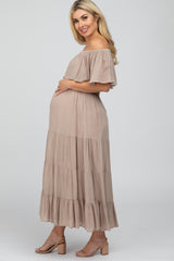 Taupe Off Shoulder Tiered Maternity Maxi Dress