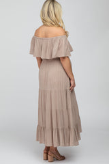 Taupe Off Shoulder Tiered Maternity Maxi Dress