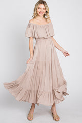 Taupe Off Shoulder Tiered Maternity Maxi Dress