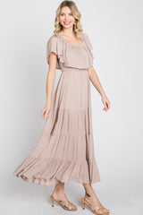 Taupe Off Shoulder Tired Maxi Dress