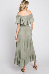 Light Olive Off Shoulder Tired Maxi Dress