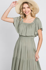 Light Olive Off Shoulder Tired Maxi Dress