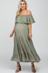 Light Olive Off Shoulder Tiered Maternity Maxi Dress