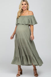 Light Olive Off Shoulder Tiered Maternity Maxi Dress