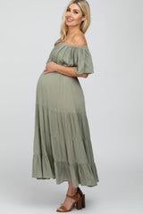 Light Olive Off Shoulder Tiered Maternity Maxi Dress