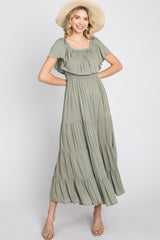 Light Olive Off Shoulder Tiered Maternity Maxi Dress