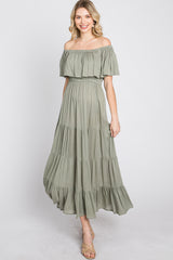 Light Olive Off Shoulder Tired Maxi Dress