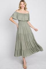 Light Olive Off Shoulder Tired Maxi Dress