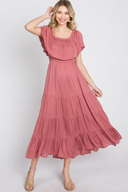 Mauve Off Shoulder Tired Maxi Dress