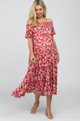 Red Floral Off Shoulder Tiered Maternity Dress