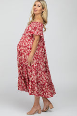 Red Floral Off Shoulder Tiered Maternity Dress