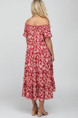 Red Floral Off Shoulder Tiered Maternity Dress