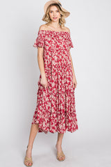 Red Floral Off Shoulder Tiered Maternity Dress