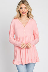 Pink Button Accent Long Sleeve Top