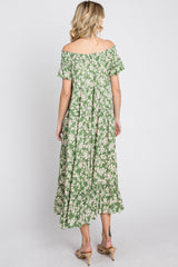 Green Floral Off Shoulder Tiered Dress