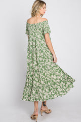 Green Floral Off Shoulder Tiered Dress