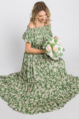 Green Floral Off Shoulder Tiered Dress