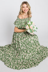 Green Floral Off Shoulder Tiered Dress